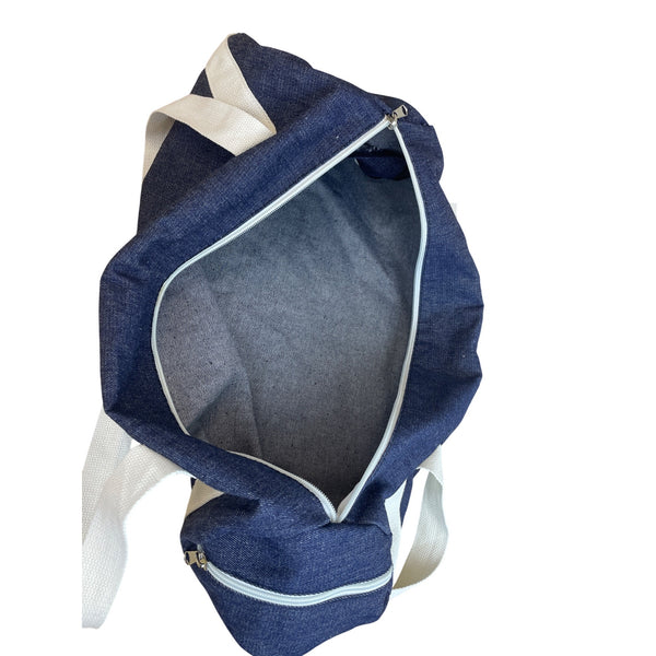 Canvas Womens Navy/White Zip Closure Knit Strap Duffel Bag "Will Workout For Cupcakes"