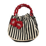 Desmo Womens Striped Bag With Red Beaded Handle & Floral Accents Made In Italy
