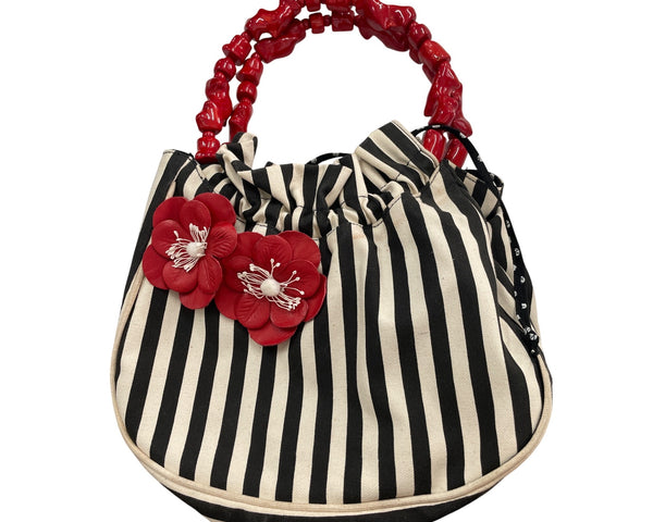 Desmo Womens Striped Bag With Red Beaded Handle & Floral Accents Made In Italy
