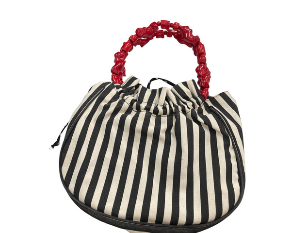 Desmo Womens Striped Bag With Red Beaded Handle & Floral Accents Made In Italy