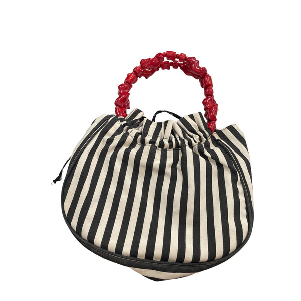 Desmo Womens Striped Bag With Red Beaded Handle & Floral Accents Made In Italy