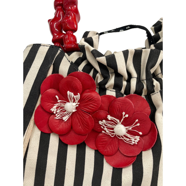 Desmo Womens Striped Bag With Red Beaded Handle & Floral Accents Made In Italy