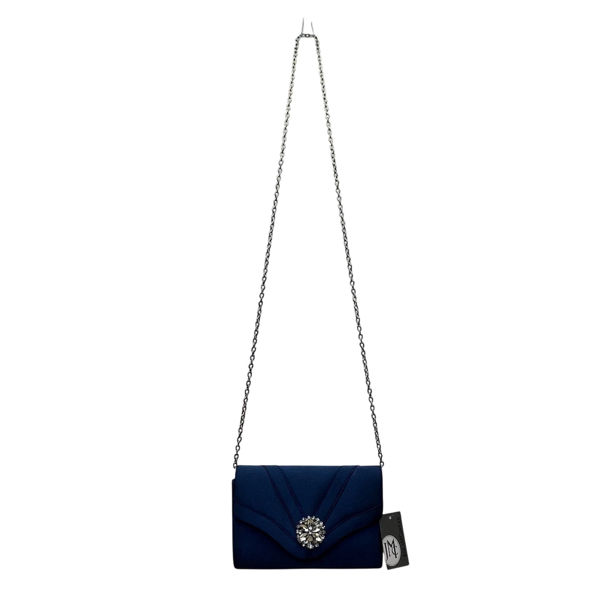 Jessica McClintock Women’s Navy Satin Rhinestone Brooch & Chain Strap Clutch