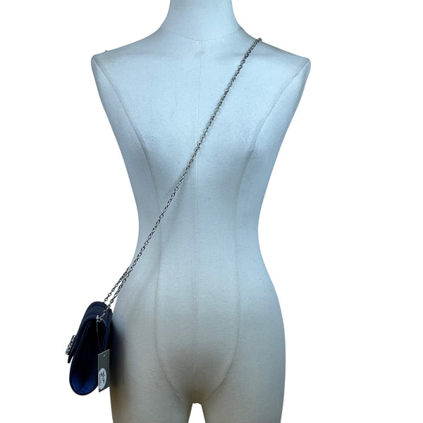 Jessica McClintock Women’s Navy Satin Rhinestone Brooch & Chain Strap Clutch