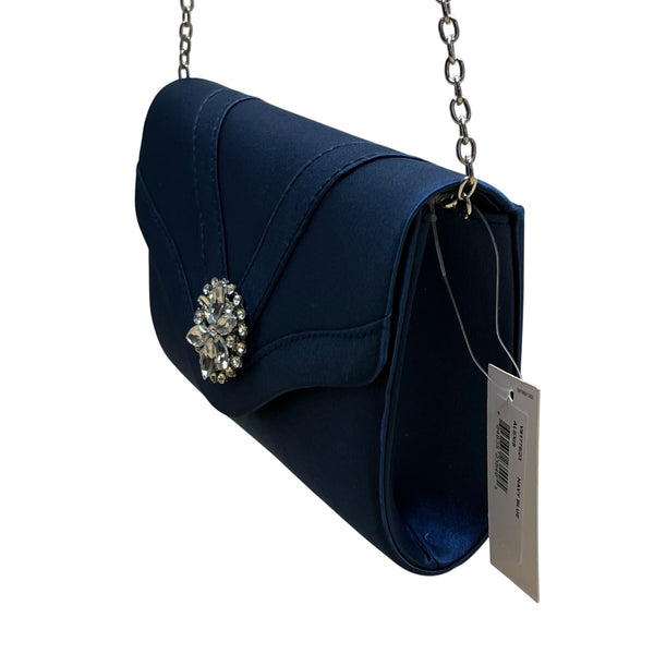 Jessica McClintock Women’s Navy Satin Rhinestone Brooch & Chain Strap Clutch