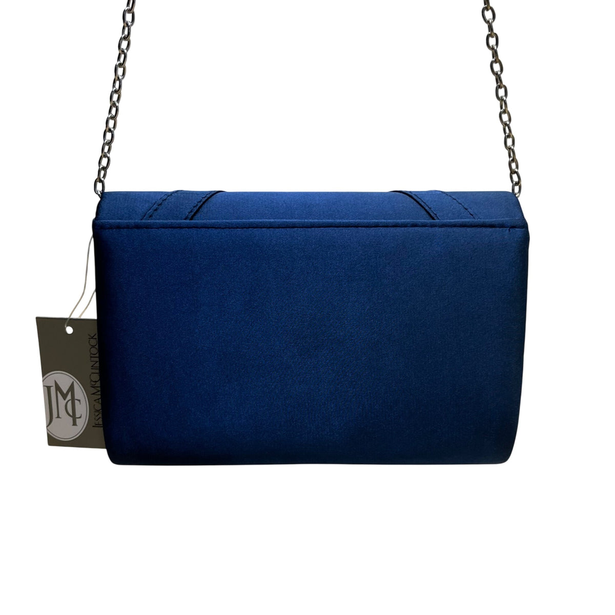 Jessica McClintock Women’s Navy Satin Rhinestone Brooch & Chain Strap Clutch