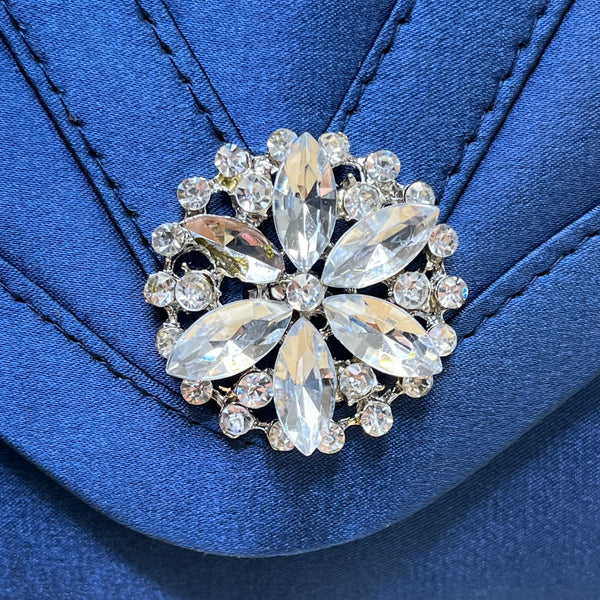 Jessica McClintock Women’s Navy Satin Rhinestone Brooch & Chain Strap Clutch
