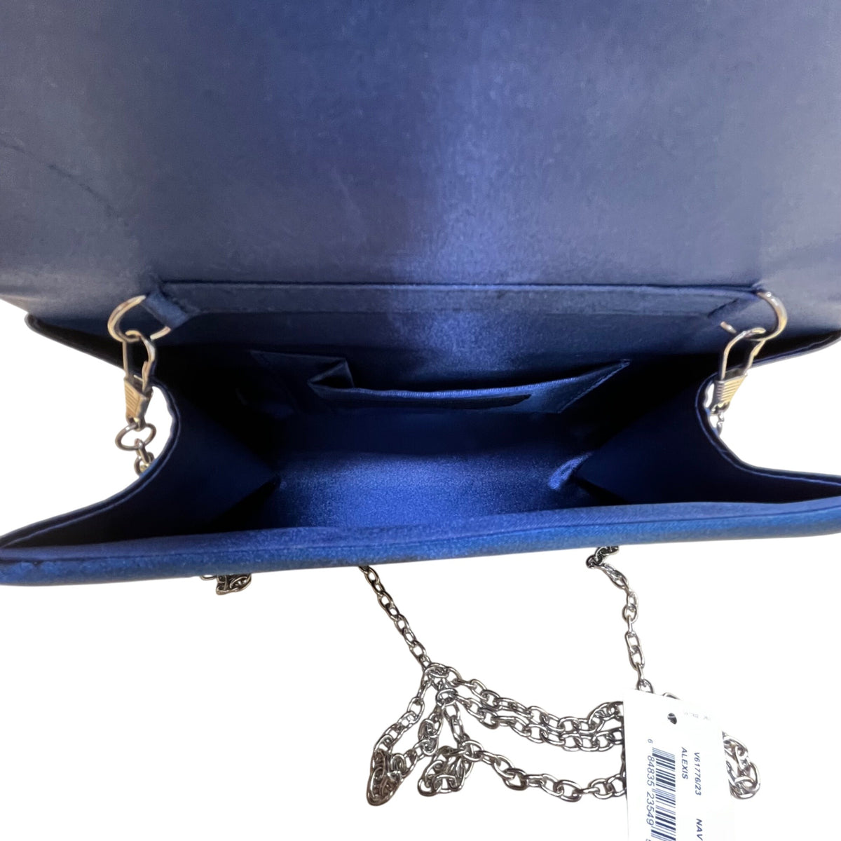 Jessica McClintock Women’s Navy Satin Rhinestone Brooch & Chain Strap Clutch