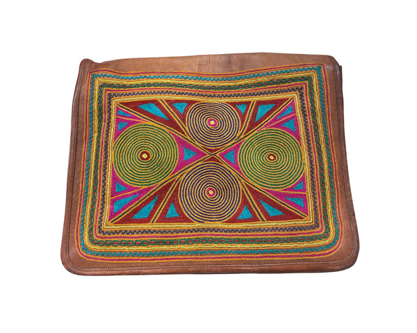 Handcrafted Leather Bag With Colorful Embroidered Geometric Design