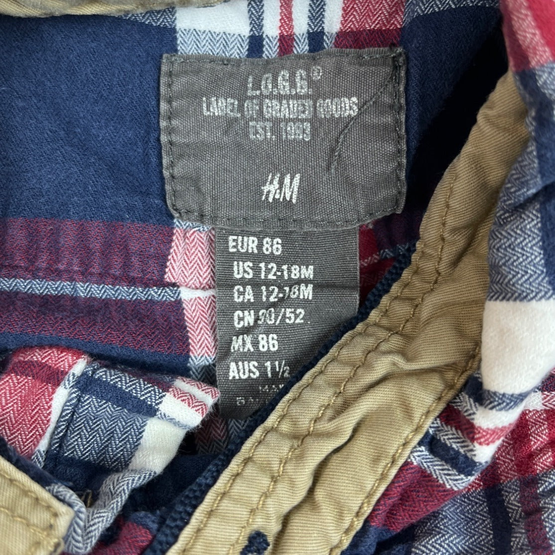 H&M L.O.G.G. Baby Plaid Flannel Shirt Size 12-18M Red Blue & Beige