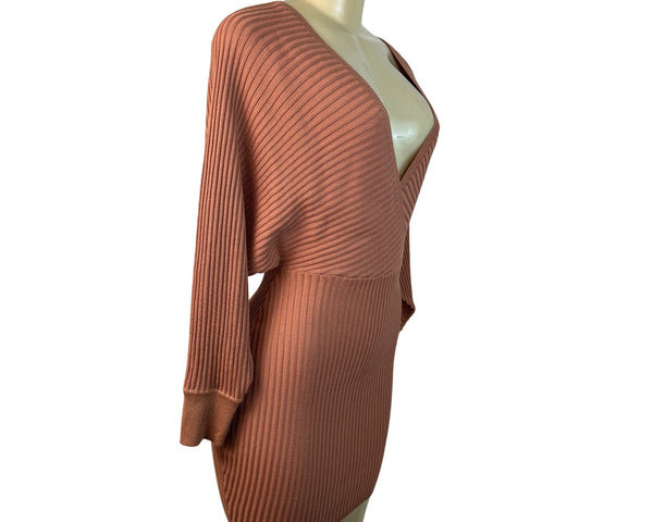 Love Tree Women's Salmon Ribbed Knit Bodycon Mini Dress With Dolman Sleeves Sz S