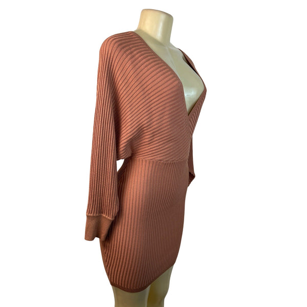 Love Tree Women's Salmon Ribbed Knit Bodycon Mini Dress With Dolman Sleeves Sz S