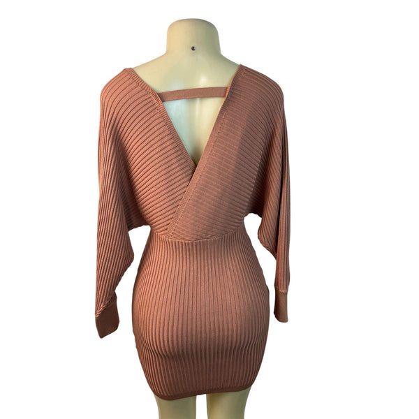 Love Tree Women's Salmon Ribbed Knit Bodycon Mini Dress With Dolman Sleeves Sz S