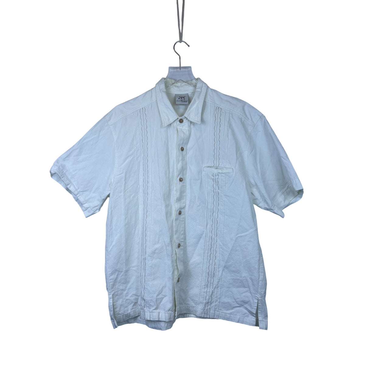 La Rueca Mens White Cotton Short Sleeve Embroidered Button-Up Shirt Medium Casual