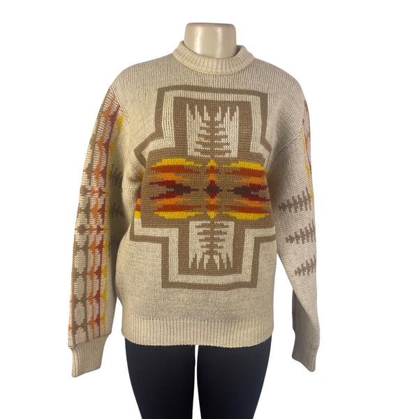 Pendleton Mens Beige Wool Sweater Multicolor Native American Print Size M