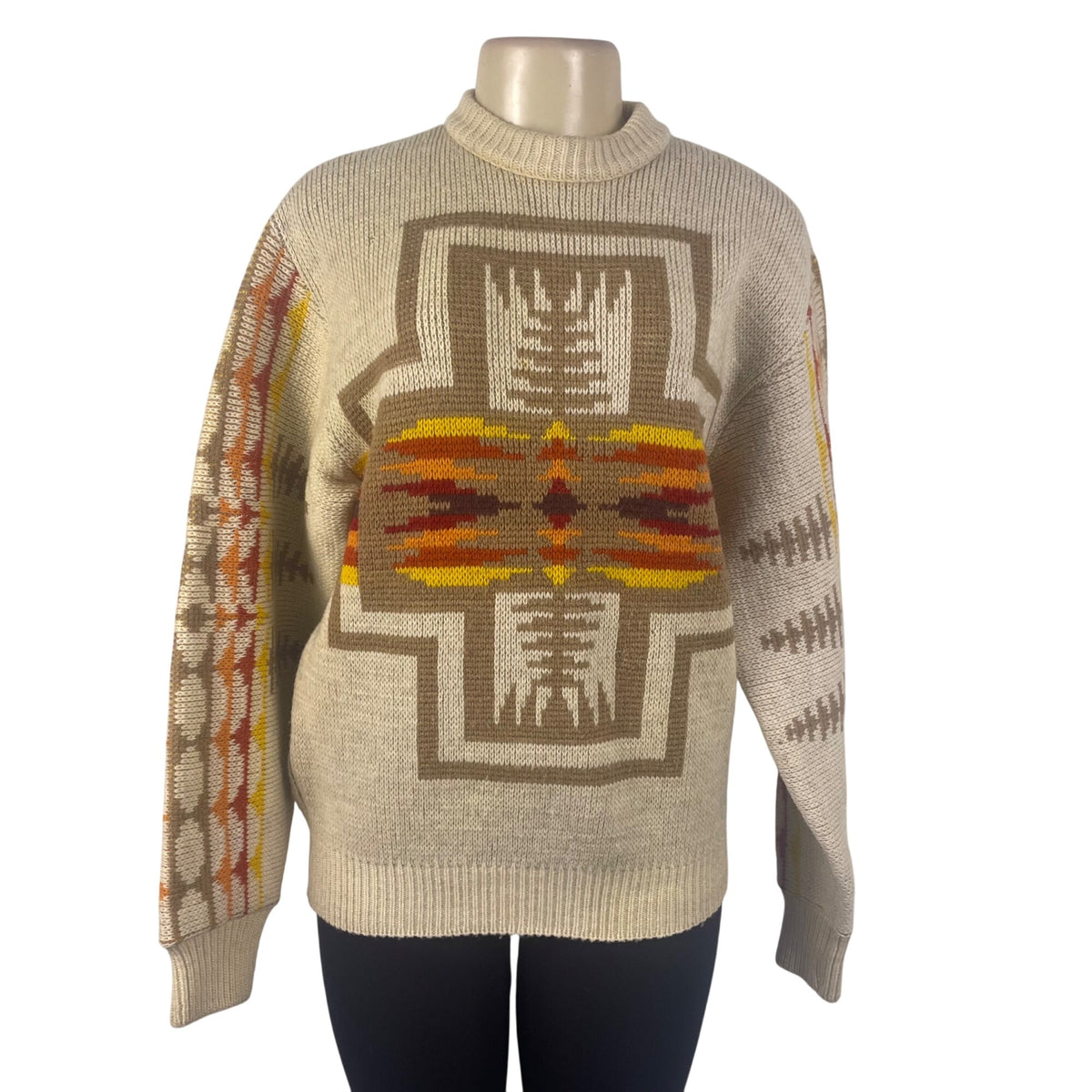 Pendleton Mens Beige Wool Sweater Multicolor Native American Print Size M