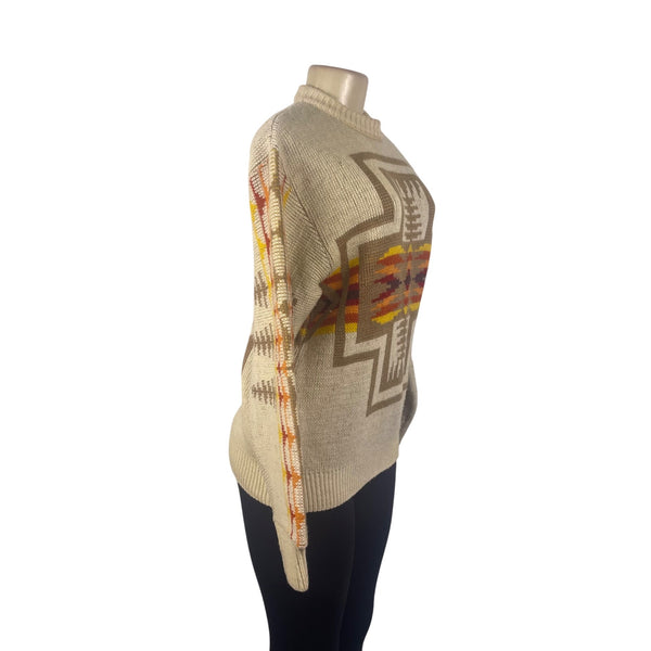 Pendleton Mens Beige Wool Sweater Multicolor Native American Print Size M