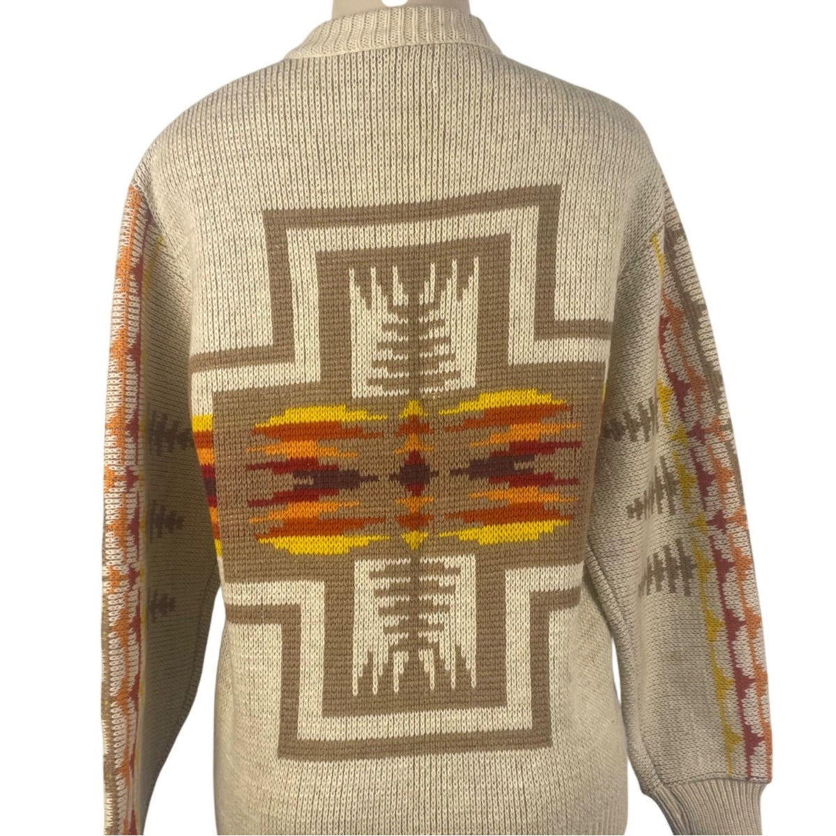 Pendleton Mens Beige Wool Sweater Multicolor Native American Print Size M