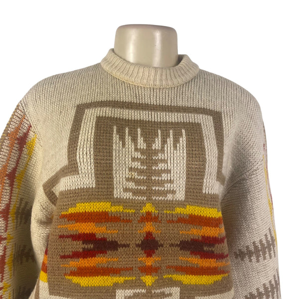 Pendleton Mens Beige Wool Sweater Multicolor Native American Print Size M