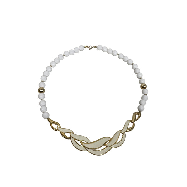 White & Gold Women’s Beaded Necklace With Chain-Link Accents Metal & Acrylic Adjustable