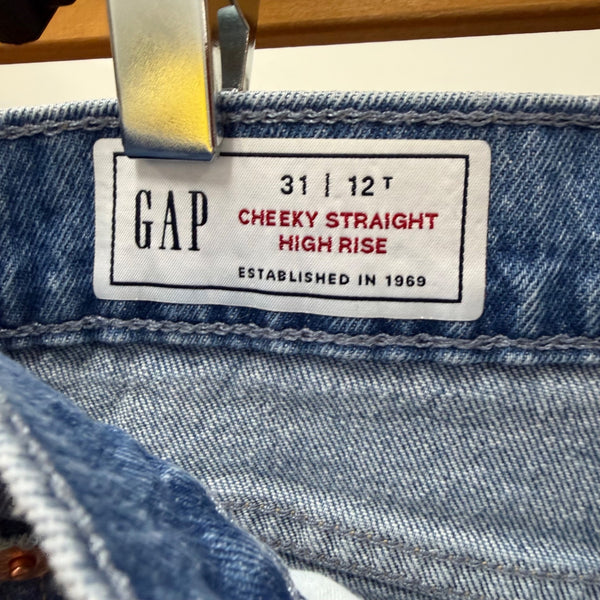 Gap Womens Blue Denim High-Rise Cheeky Straight Jeans Raw Hem Size 31 Tall