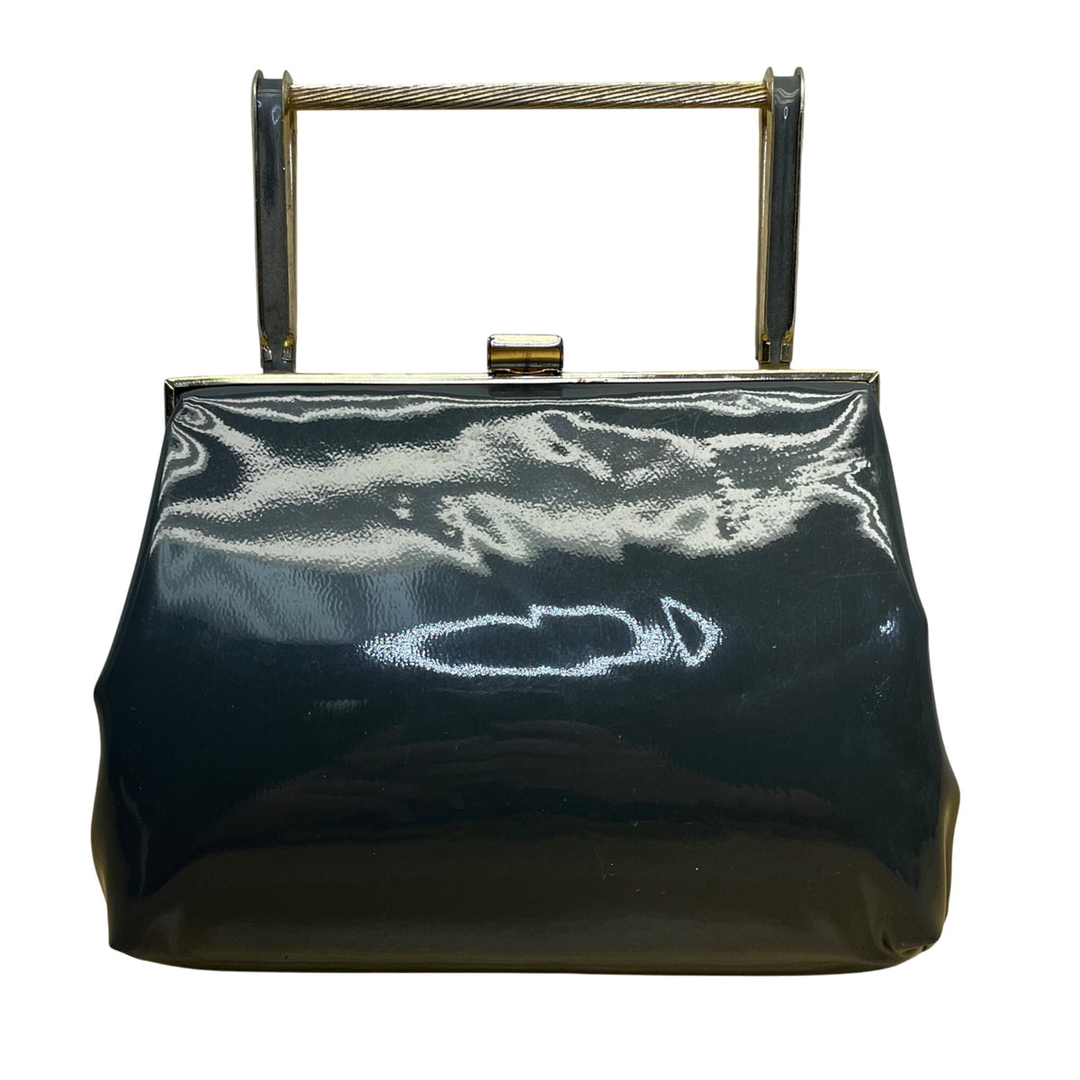 Vintage Black Handbag With Gold Metal Frame & Top Handle Glossy Patent Finish