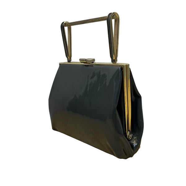 Vintage Black Handbag With Gold Metal Frame & Top Handle Glossy Patent Finish