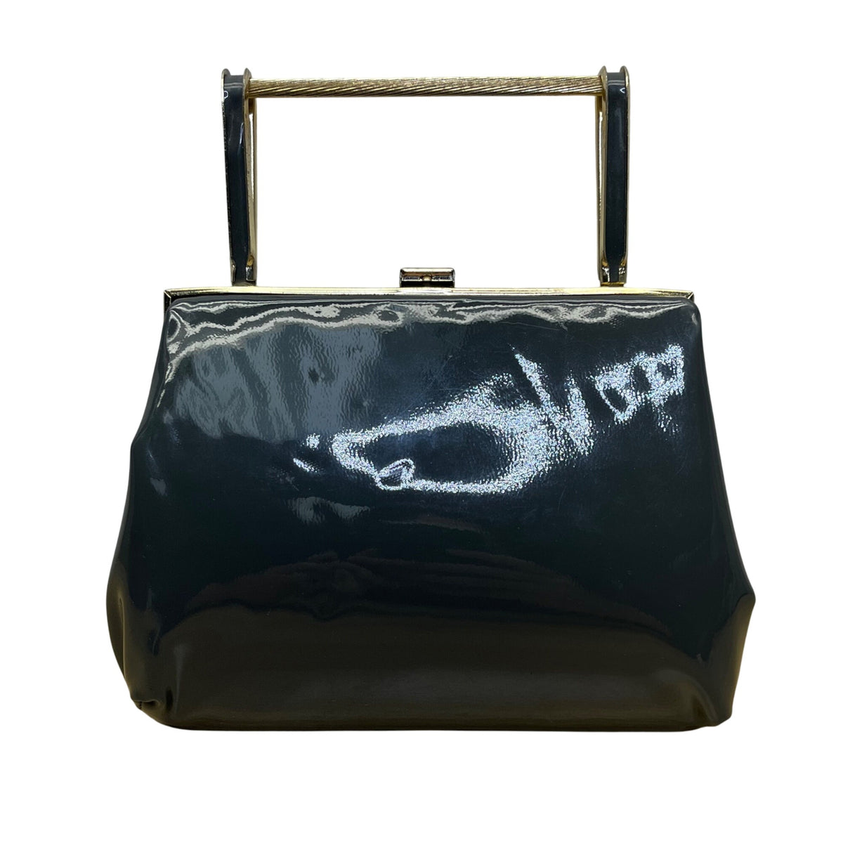 Vintage Black Handbag With Gold Metal Frame & Top Handle Glossy Patent Finish