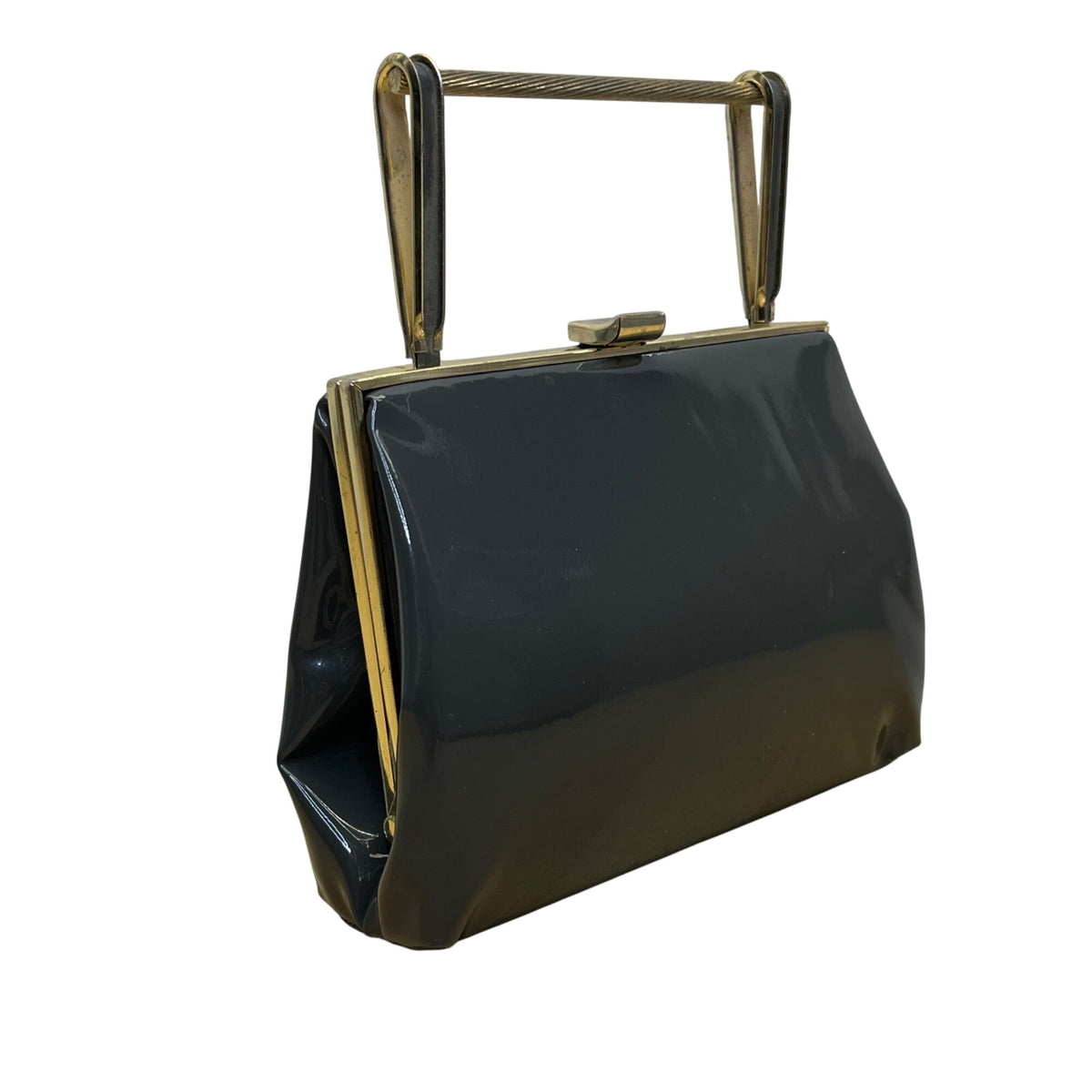 Vintage Black Handbag With Gold Metal Frame & Top Handle Glossy Patent Finish