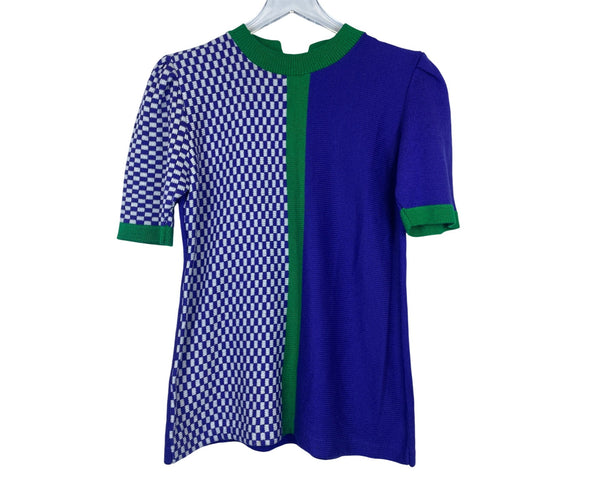 Colorblock Knit Womens Blue Green Short Sleeve Checkered Top S