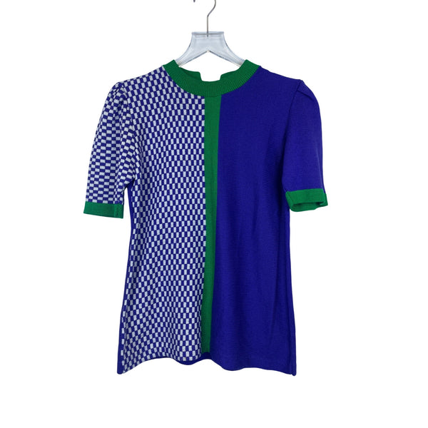 Colorblock Knit Womens Blue Green Short Sleeve Checkered Top S