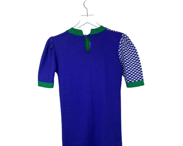 Colorblock Knit Womens Blue Green Short Sleeve Checkered Top S