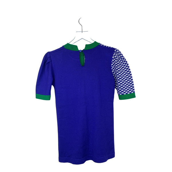 Colorblock Knit Womens Blue Green Short Sleeve Checkered Top S