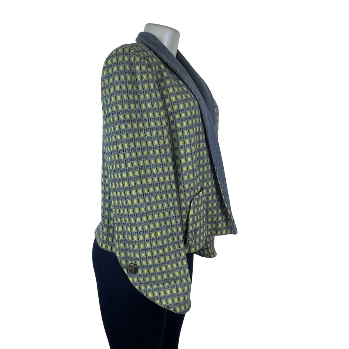 A Kolmer Womens Yellow & Gray Open Front Petite Blazer Textured Checkered Design