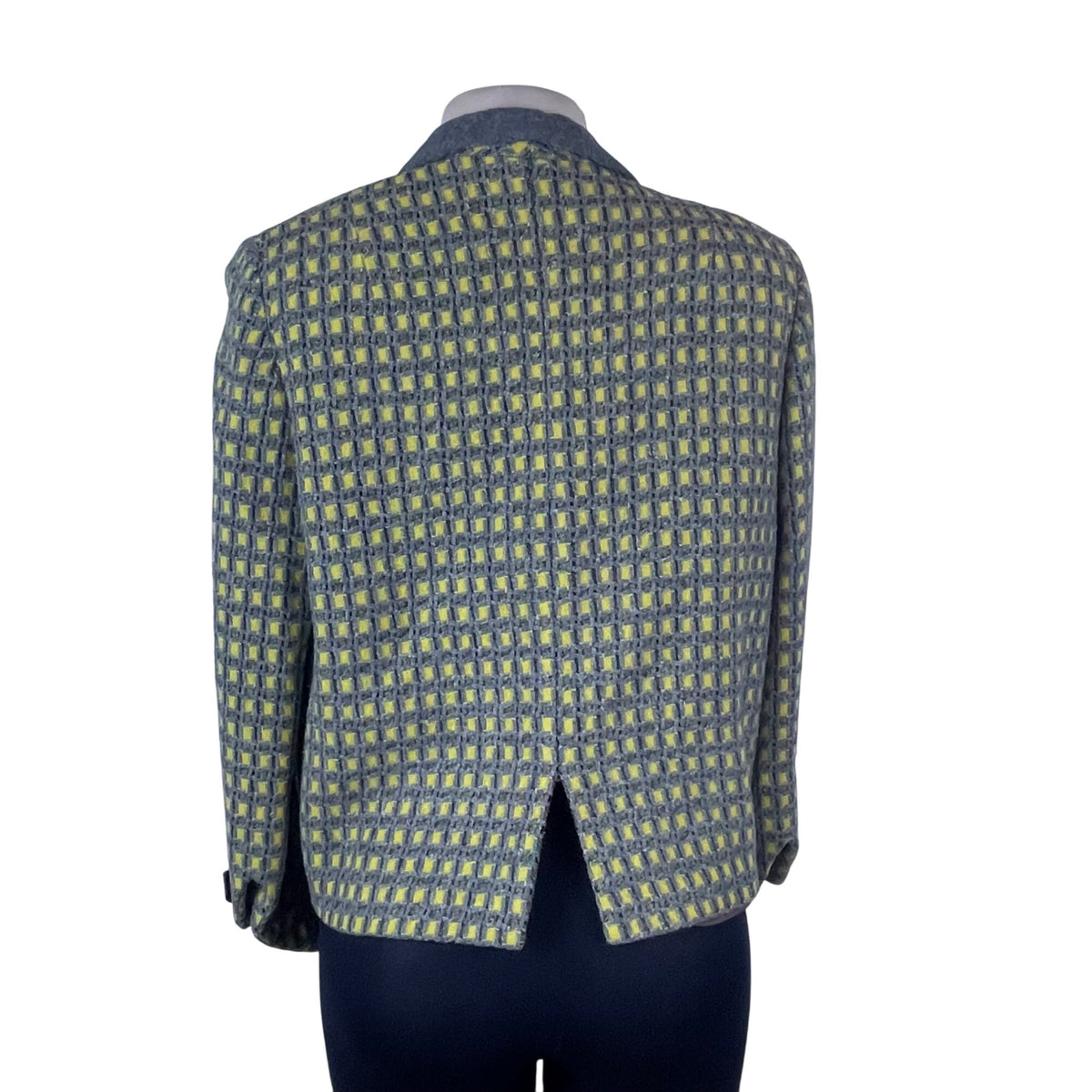 A Kolmer Womens Yellow & Gray Open Front Petite Blazer Textured Checkered Design