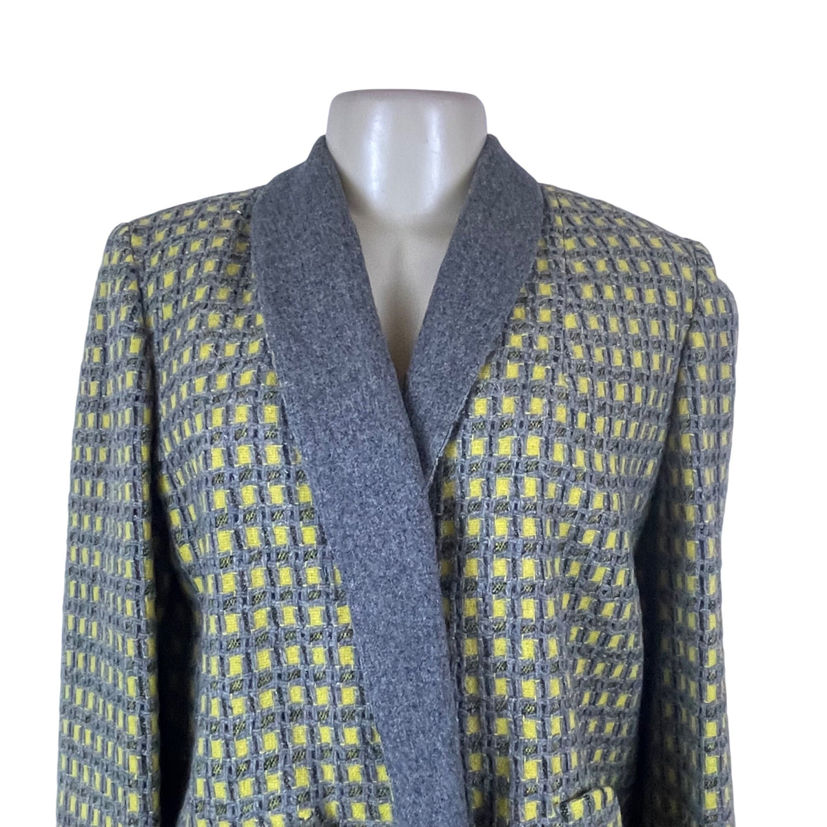 A Kolmer Womens Yellow & Gray Open Front Petite Blazer Textured Checkered Design