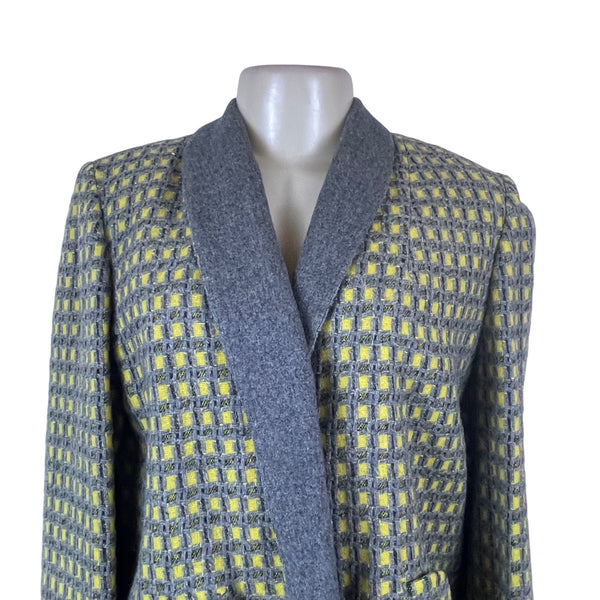 A Kolmer Womens Yellow & Gray Open Front Petite Blazer Textured Checkered Design