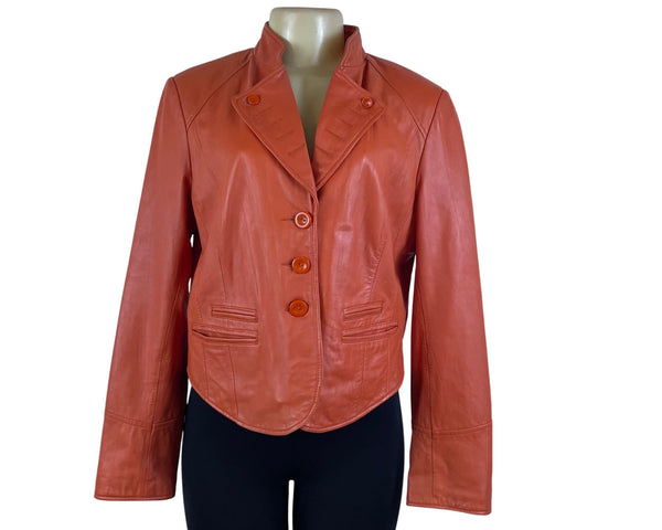 Cache Women's Orange Faux Leather Button Front Jacket Stylish Fit