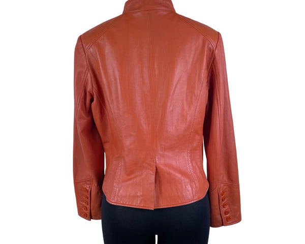 Cache Women's Orange Faux Leather Button Front Jacket Stylish Fit