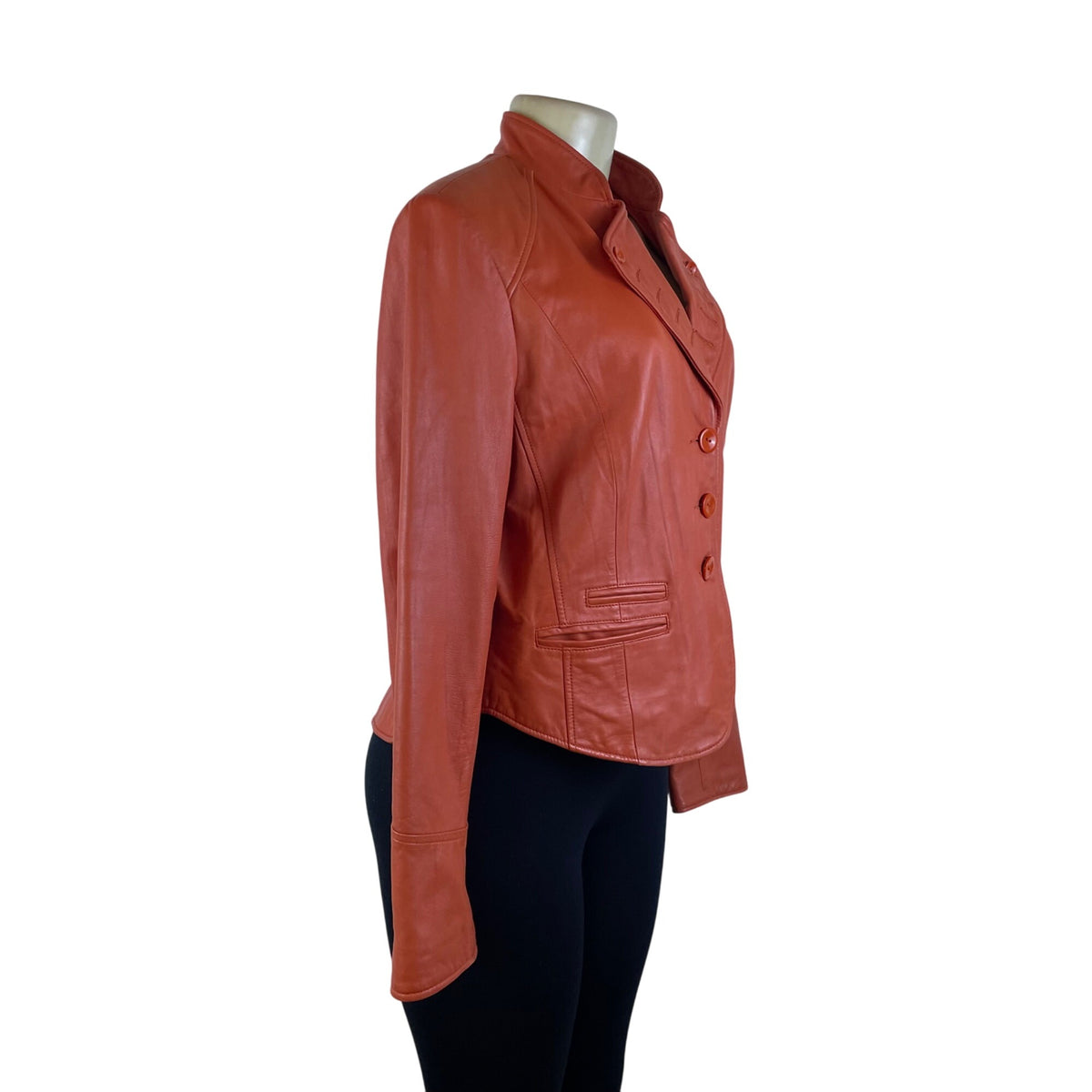 Cache Women's Orange Faux Leather Button Front Jacket Stylish Fit