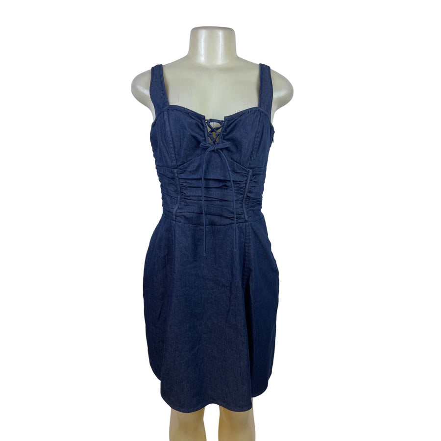 Guess Blue Womens Denim Fit & Flare Lace-Up Front Dress Stretchy Sz 5