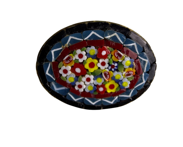 Vintage Italian Mosaic Floral Pin Oval Gold Tone Multicolor Brooch 1.5 Inches