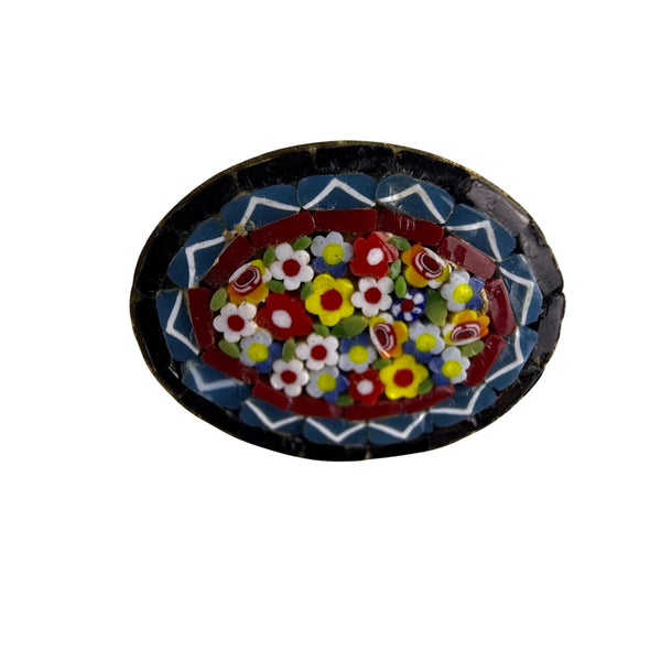 Vintage Italian Mosaic Floral Pin Oval Gold Tone Multicolor Brooch 1.5 Inches