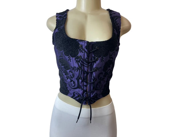 Purple & Black Sleeveless Corset Top With Lace-Up Front Sz 10