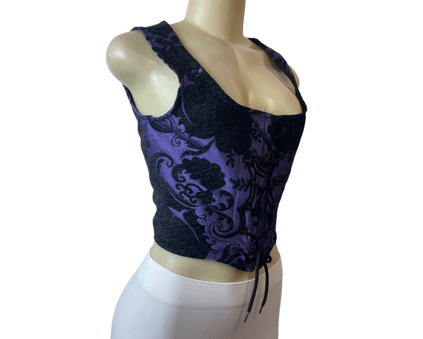 Purple & Black Sleeveless Corset Top With Lace-Up Front Sz 10
