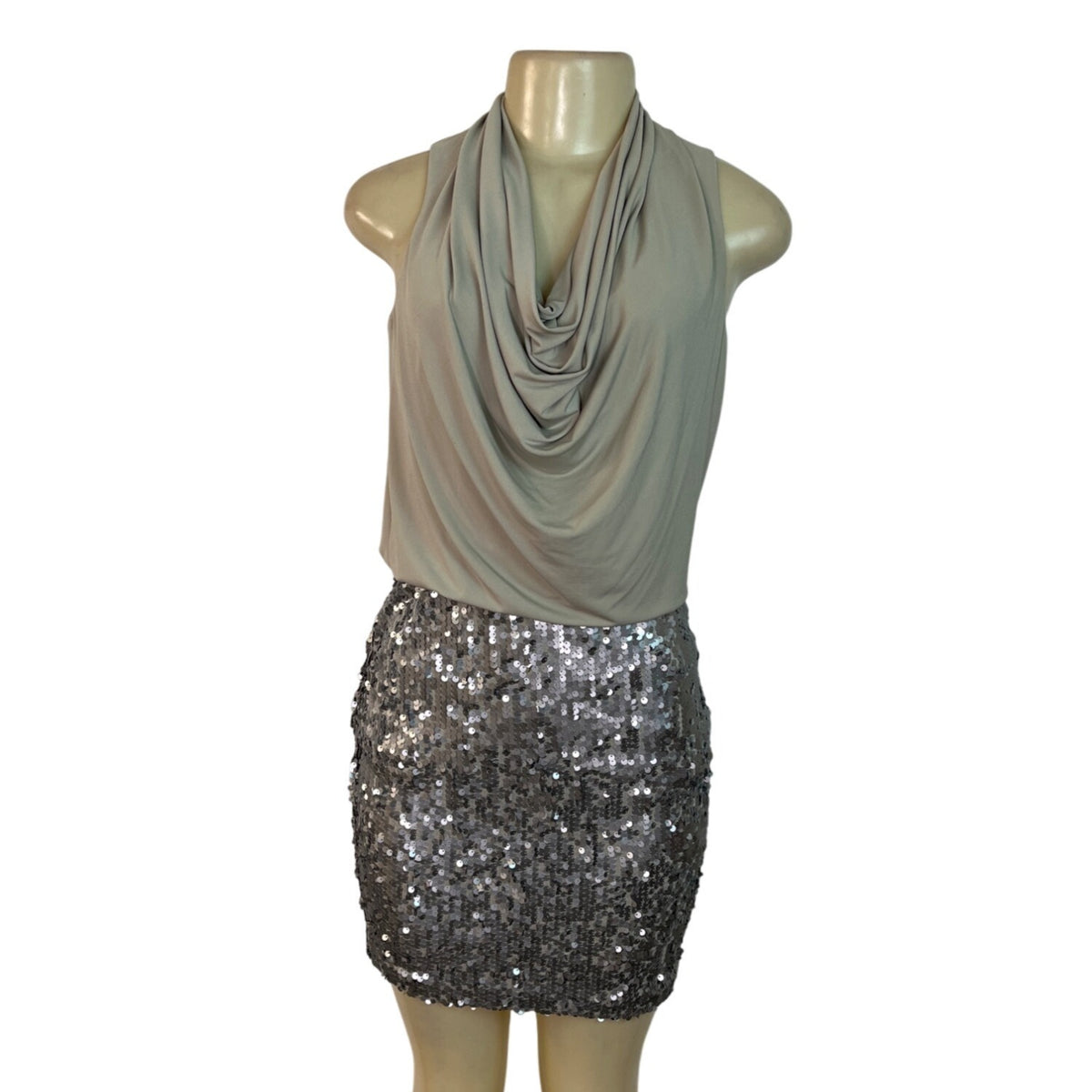 Donna Ricco Beige Halter Top Dress With Silver Sequin Skirt Sz 4P