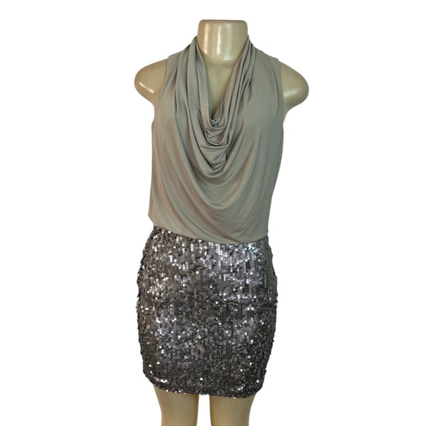 Donna Ricco Beige Halter Top Dress With Silver Sequin Skirt Sz 4P