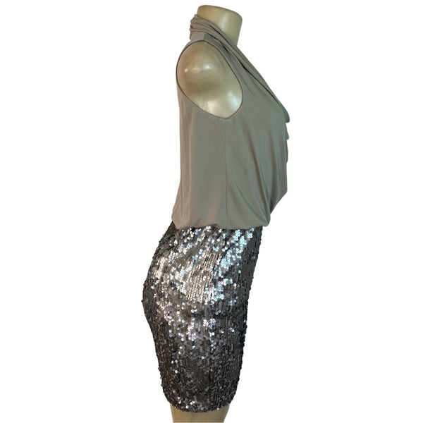 Donna Ricco Beige Halter Top Dress With Silver Sequin Skirt Sz 4P