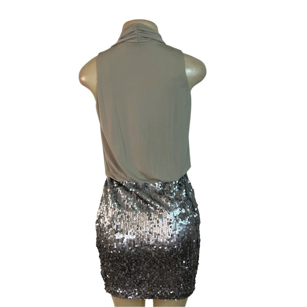 Donna Ricco Beige Halter Top Dress With Silver Sequin Skirt Sz 4P