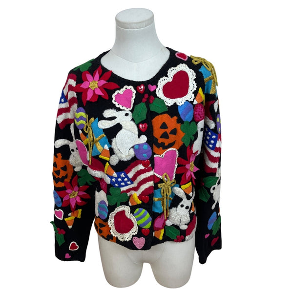 Michael Simon Womens Holiday Cardigan Sweater Multicolor Festive Knit Size M